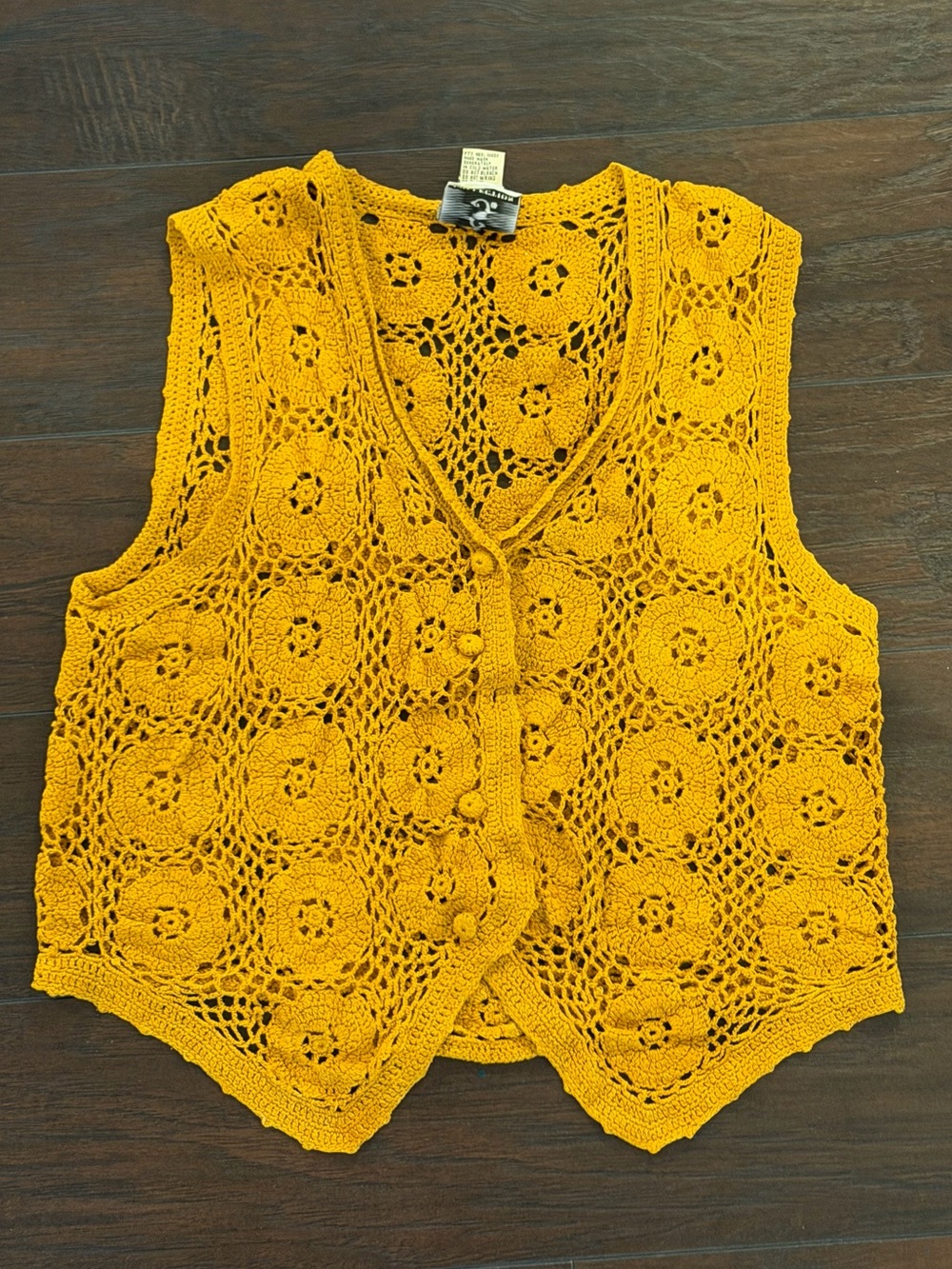 Vintage Crochet Floral Button-Front Women's Vest in Mustard Yellow - Small